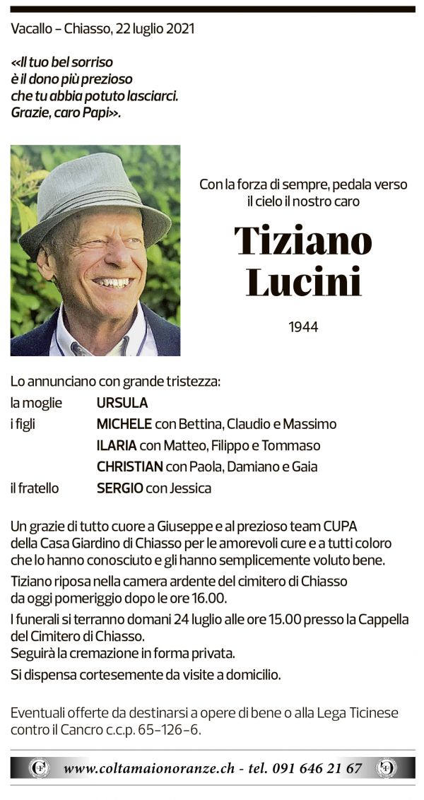 Annuncio funebre Tiziano Lucini