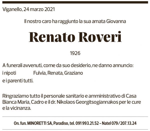 Annuncio funebre Renato Roveri