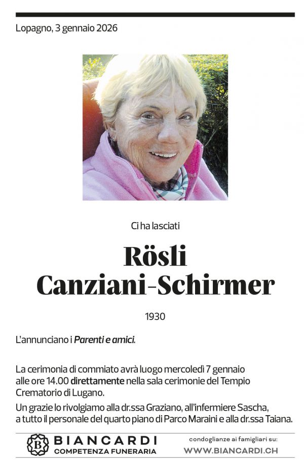 Annuncio funebre Rösli Canziani-schirmer