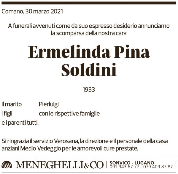 Annuncio funebre Ermelinda Pina Soldini