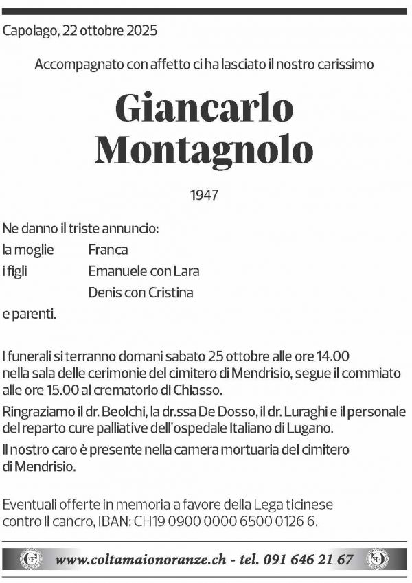 Annuncio funebre Giancarlo Montagnolo