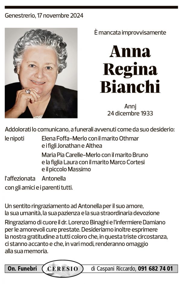 Annuncio funebre Anna Regina Bianchi