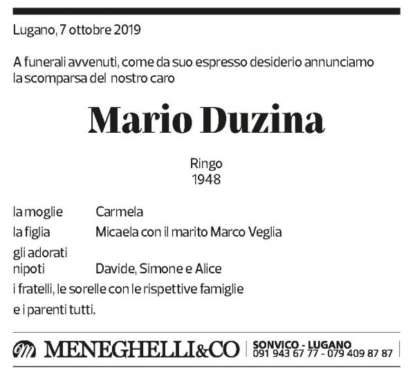 Annuncio funebre Mario Duzina