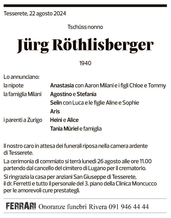 Annuncio funebre Jürg Röthlisberger