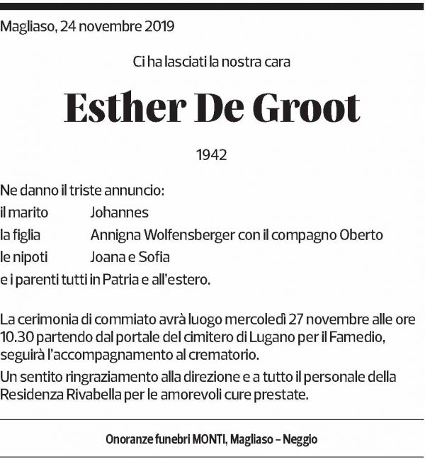 Annuncio funebre Esther De Groot