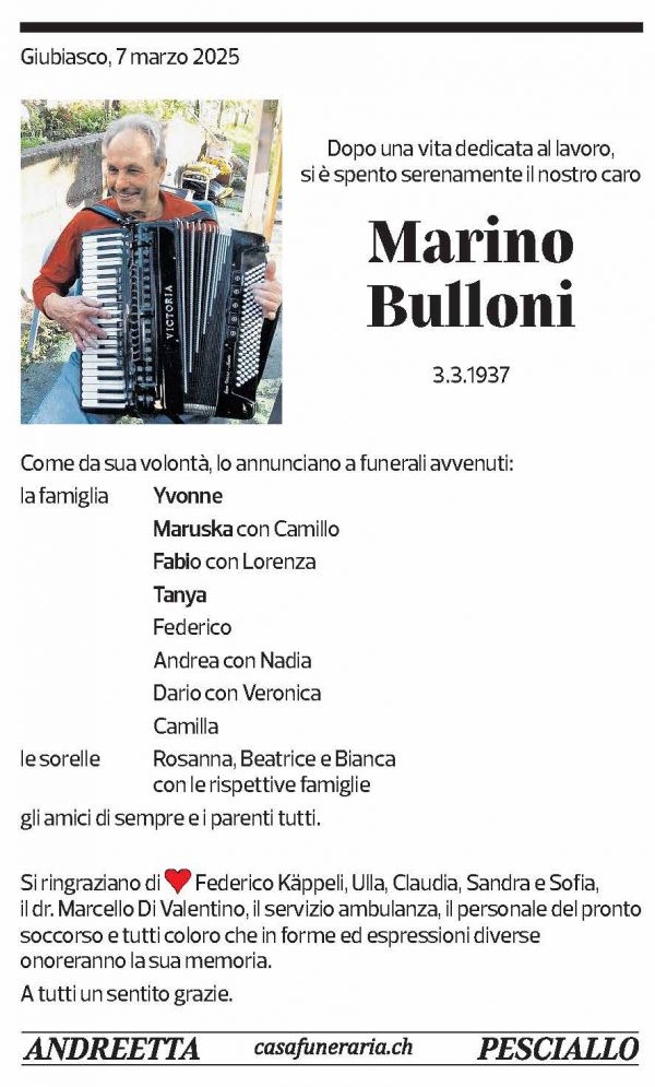 Annuncio funebre Marino Bulloni
