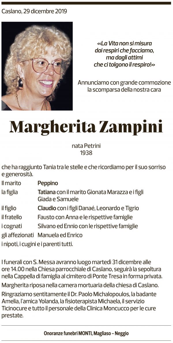 Annuncio funebre Margherita Zampini
