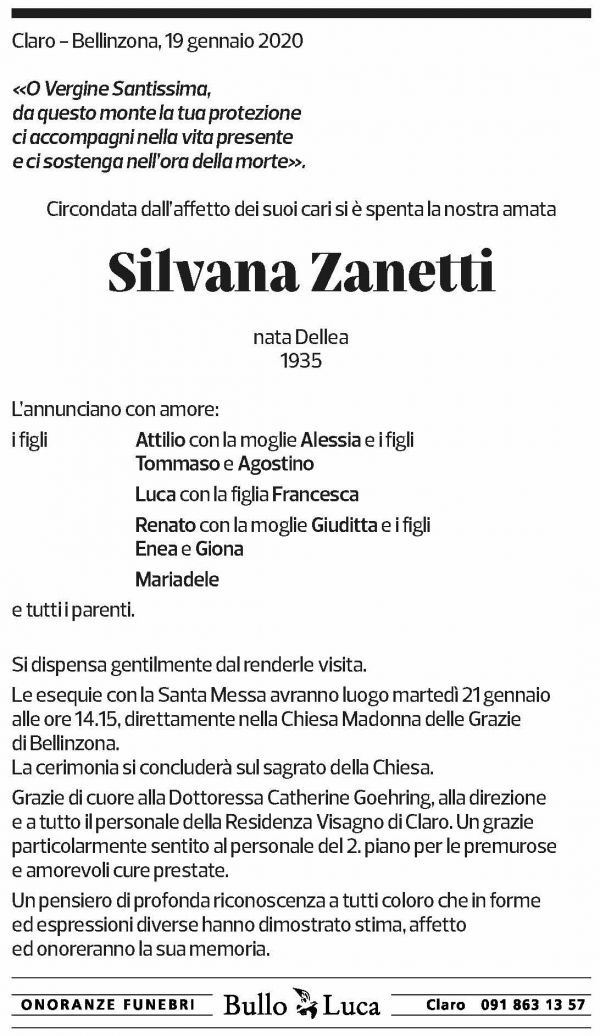 Annuncio funebre Silvana Zanetti