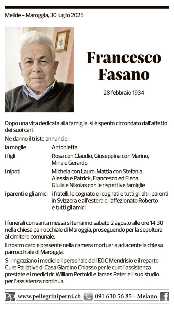 Annuncio funebre Francesco Fasano