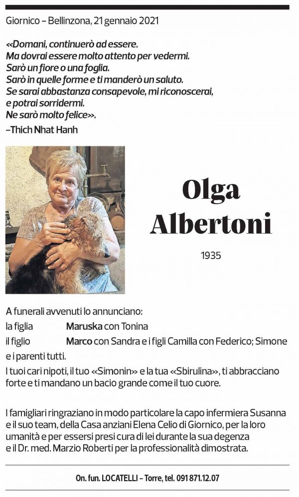 Annuncio funebre Olga Albertoni