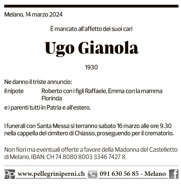 Annuncio funebre Ugo Gianola