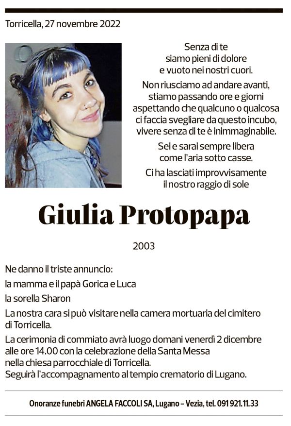 Annuncio funebre Giulia Protopapa