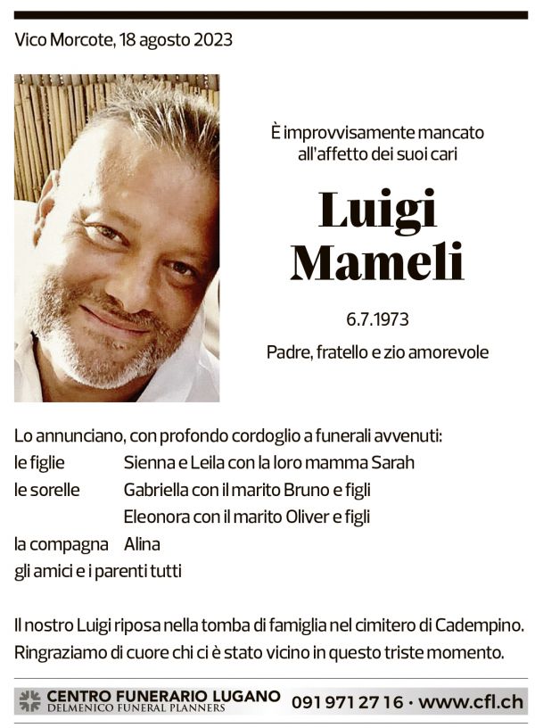 Annuncio funebre Luigi Mameli