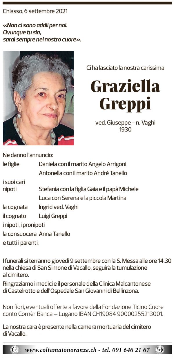 Annuncio funebre Graziella Greppi