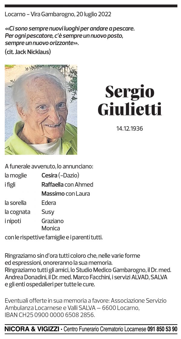 Annuncio funebre Sergio Giulietti