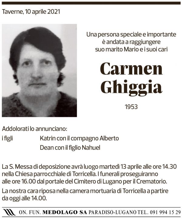 Annuncio funebre Carmen Ghiggia