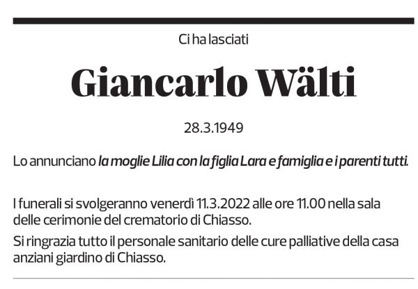 Annuncio funebre Giancarlo Wälti