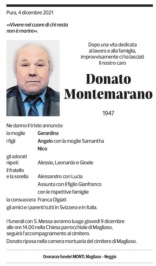 Annuncio funebre Donato Montemarano