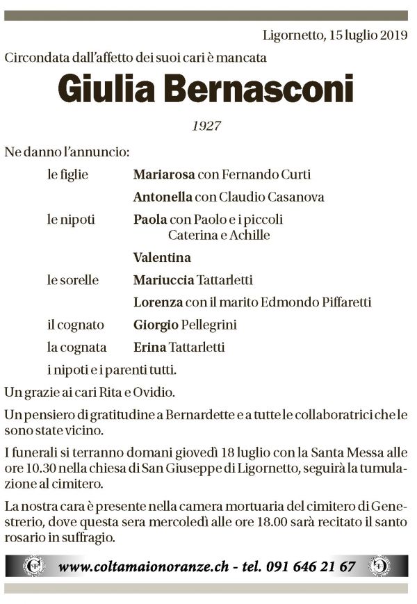 Annuncio funebre Giulia Bernasconi