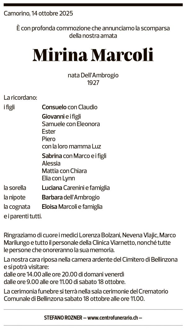 Annuncio funebre Mirina Marcoli