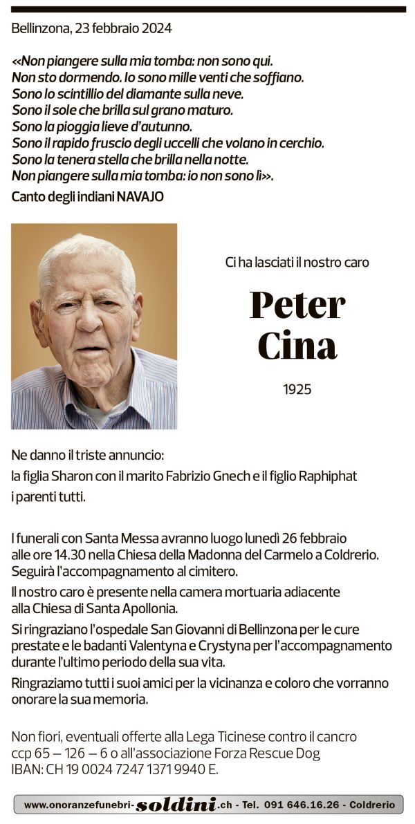 Annuncio funebre Peter Cina