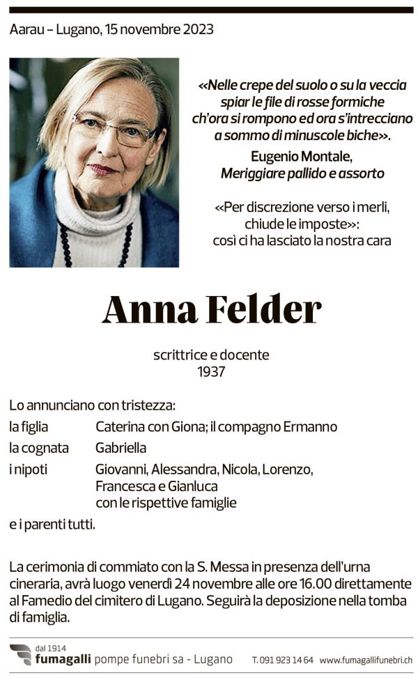 Annuncio funebre Anna Felder