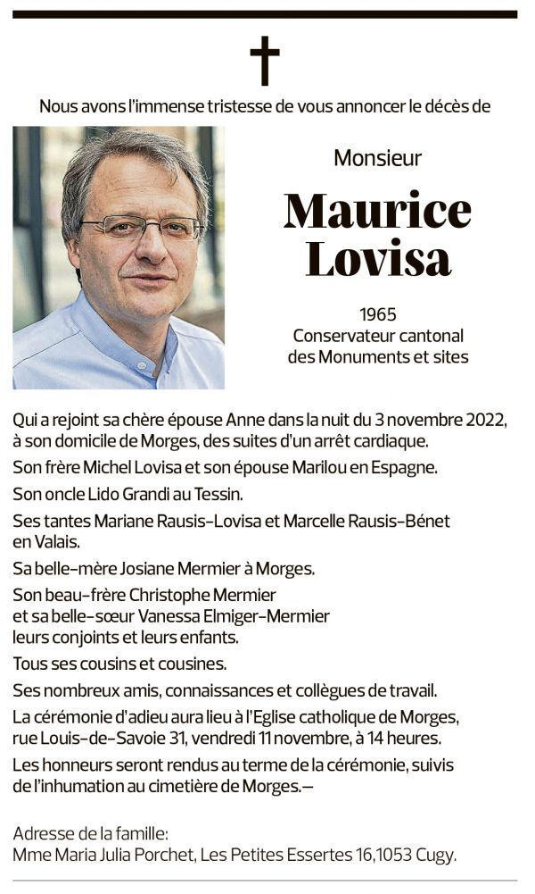 Annuncio funebre Maurice Lovisa