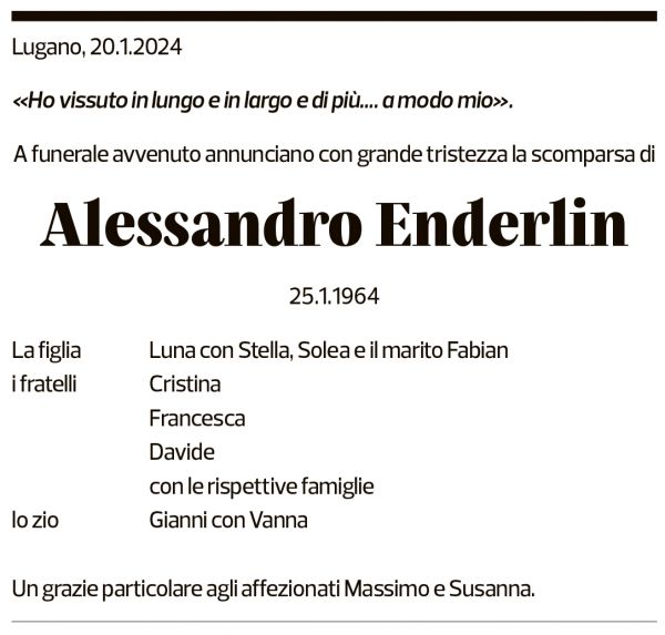 Annuncio funebre Alessandro Enderlin