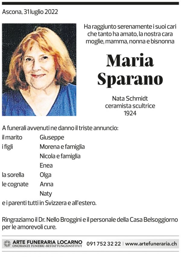 Annuncio funebre Maria Sparano