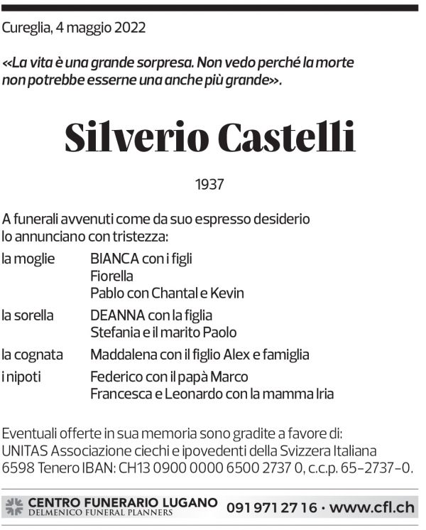 Annuncio funebre Silverio Castelli