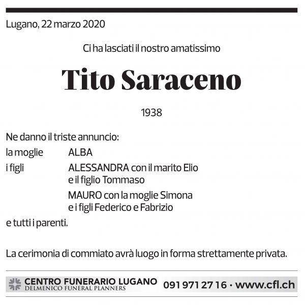Annuncio funebre Tito Saraceno