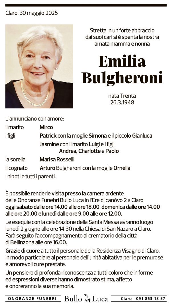 Annuncio funebre Emilia Bulgheroni