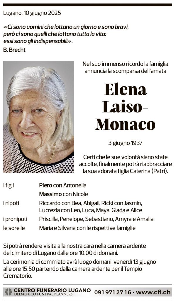 Annuncio funebre Elena Laiso-monaco