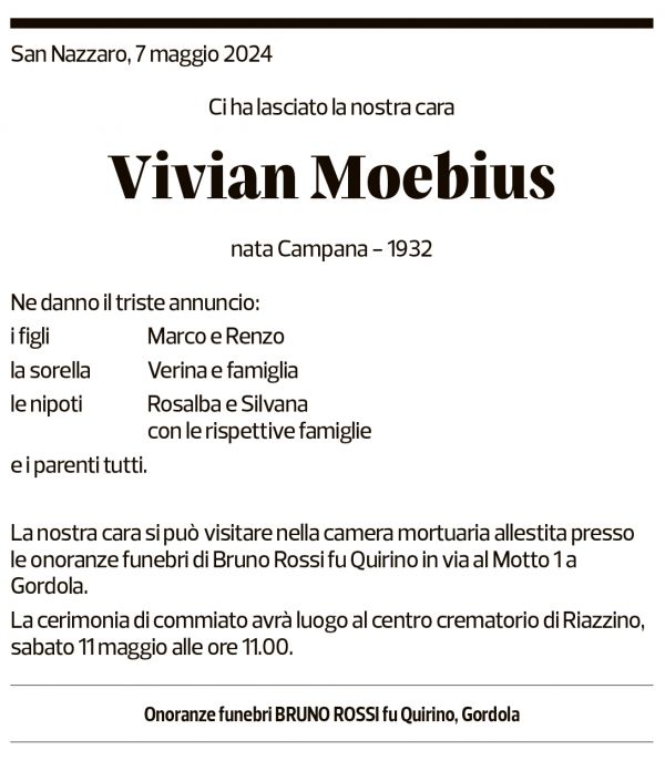 Annuncio funebre Vivian Moebius