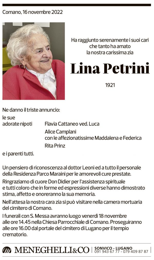 Annuncio funebre Lina Petrini