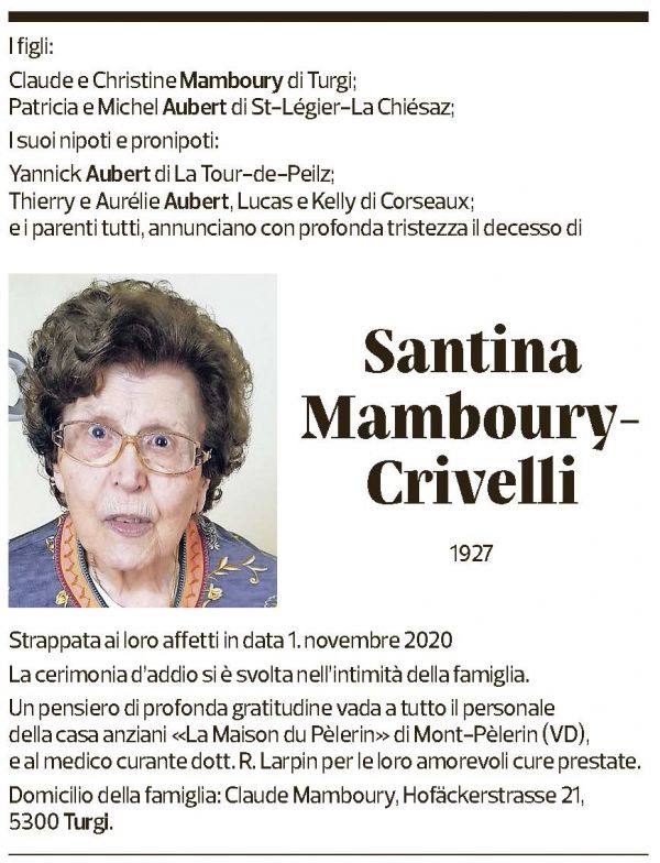Annuncio funebre Santina Mamboury-crivelli