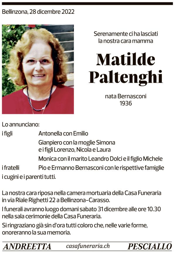 Annuncio funebre Matilde Paltenghi