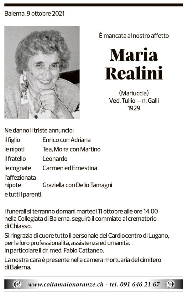 Annuncio funebre Maria Realini