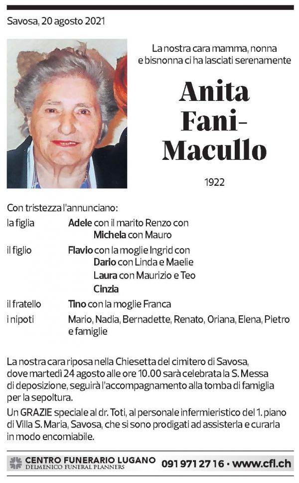 Annuncio funebre Anita Fani - Macullo