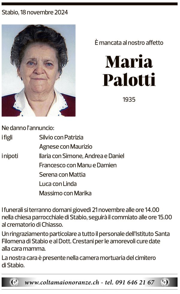 Annuncio funebre Maria Palotti