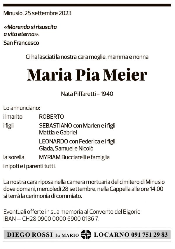 Annuncio funebre Maria Pia Meier