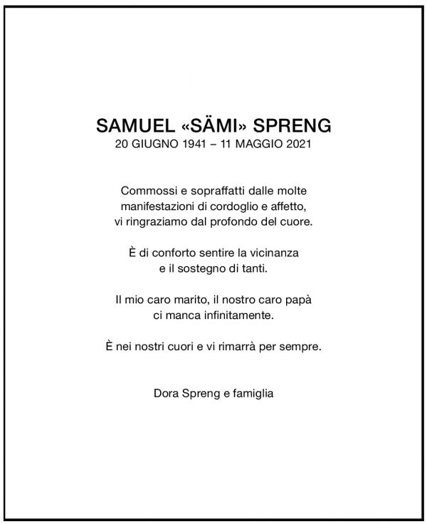 Annuncio funebre Samuel Spreng