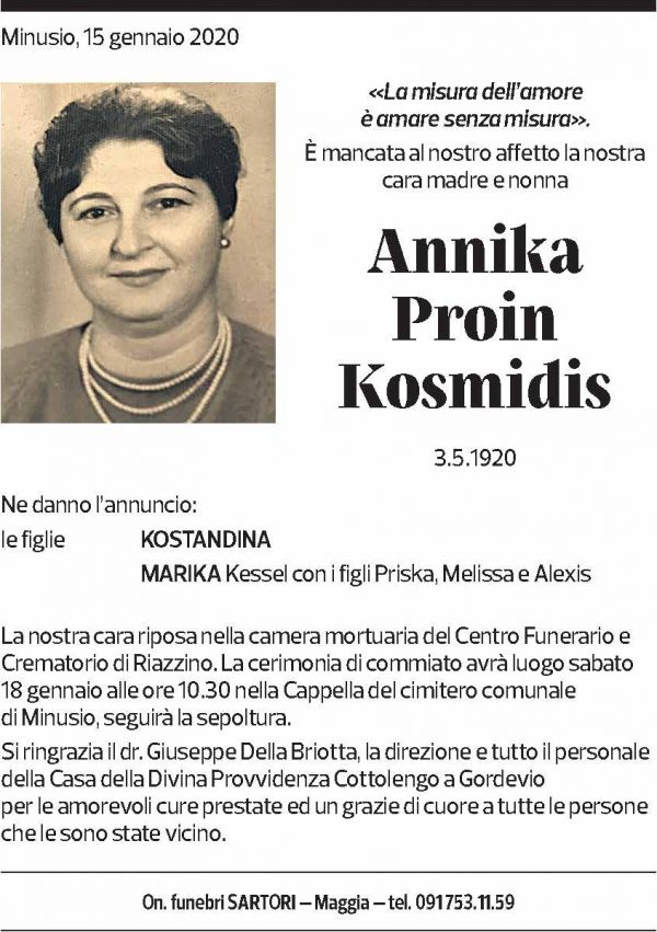 Annuncio funebre Annika Proin Kosmidis