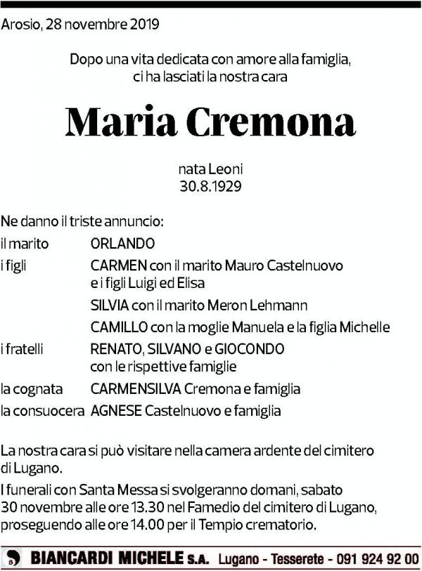 Annuncio funebre Maria Cremona