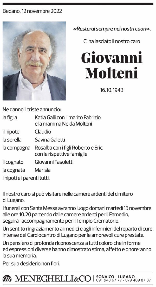 Annuncio funebre Giovanni Molteni