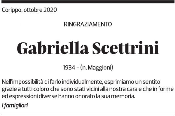 Annuncio funebre Gabriella Scettrini