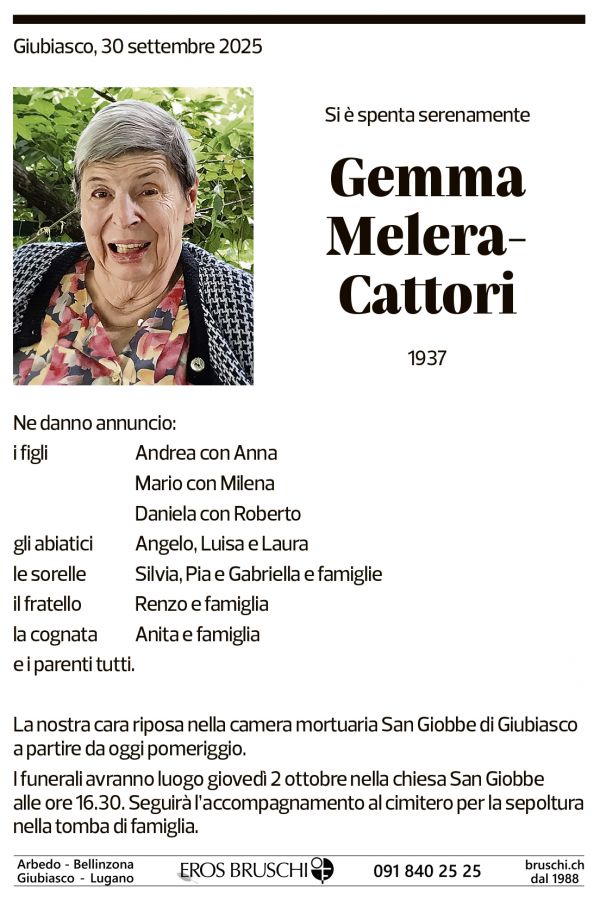 Annuncio funebre Gemma Melera-cattori