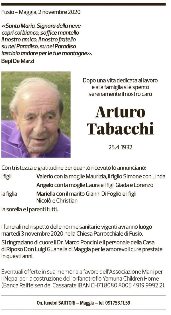 Annuncio funebre Arturo Tabacchi