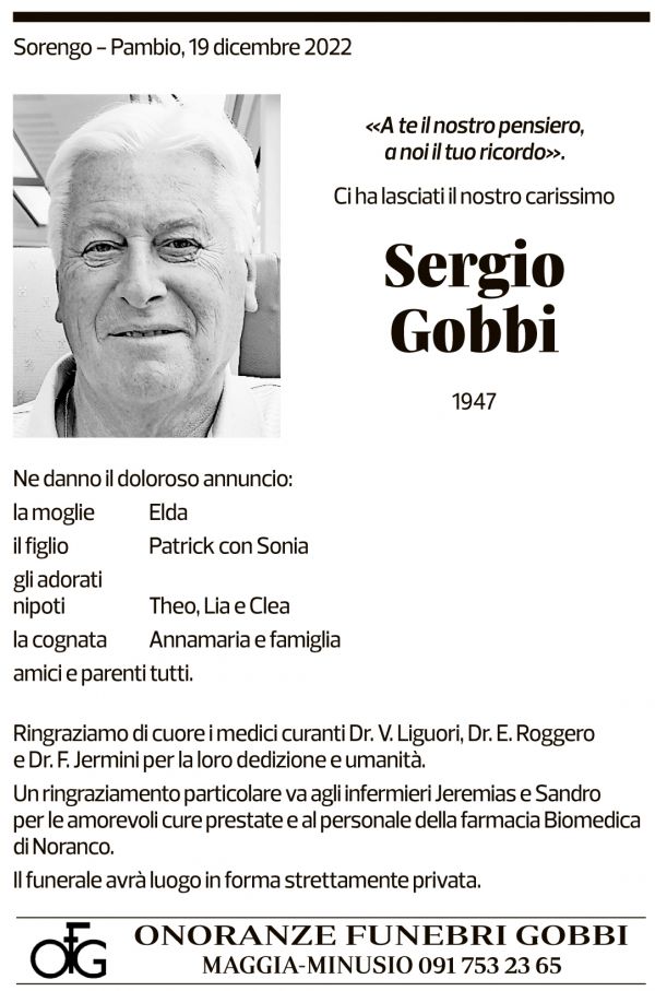 Annuncio funebre Sergio Gobbi