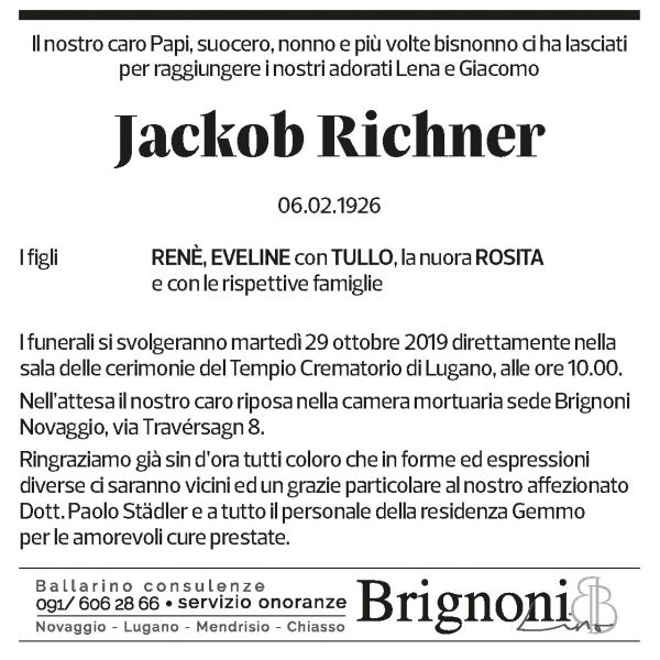 Annuncio funebre Jackob Richner